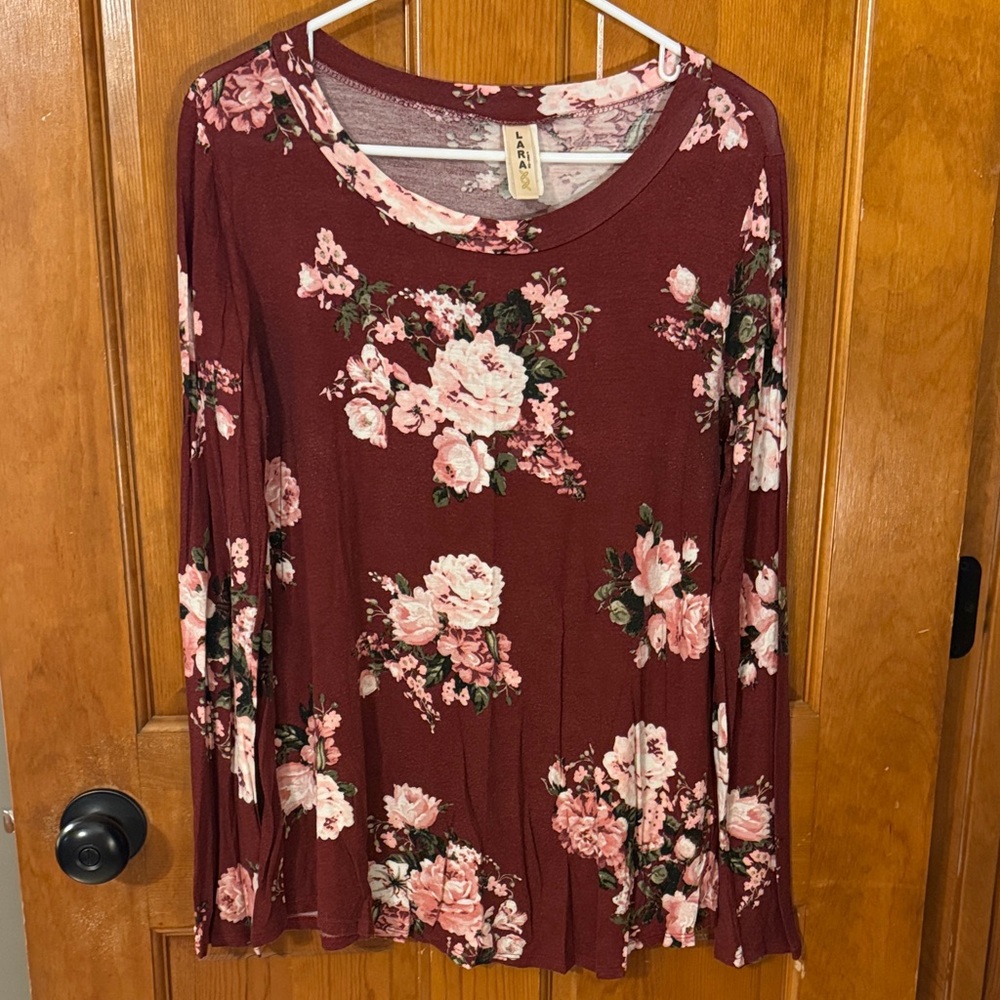 LARA Burgundy Long Sleeve Floral Tee with Pink Blooms